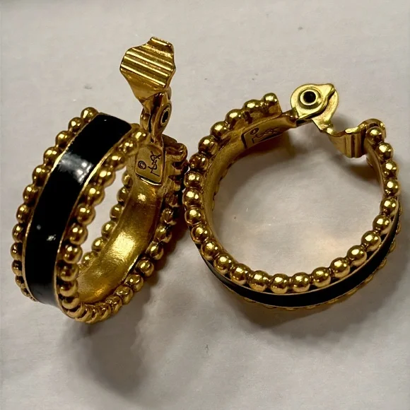 YSL VINTAGE YVES ST LAURENT black and gold clip on hoop earrings NEW CONDITION! - Picture 2 of 13